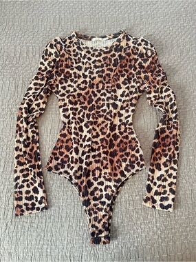 Mi Ami Leopard Print Bodysuit Long-Sleeve Ribbed One Piece